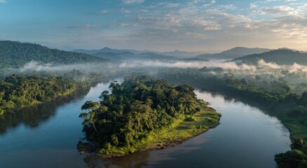 Obraz premium Misty jungle river snakes through lush green landscape with island