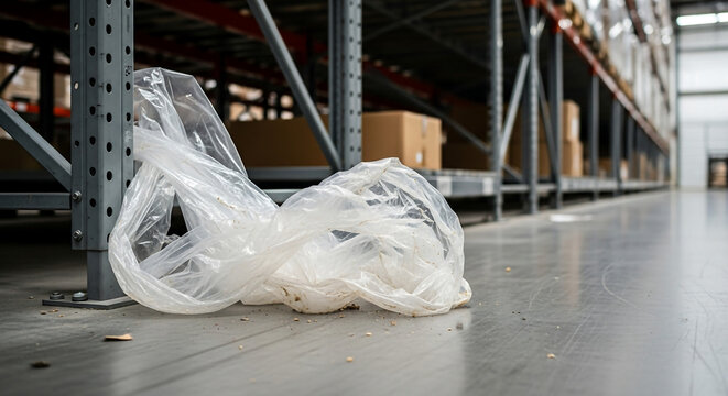 A crumpled clear plastic bag lying on a dirty concrete floor in a warehouse with metal shelving.