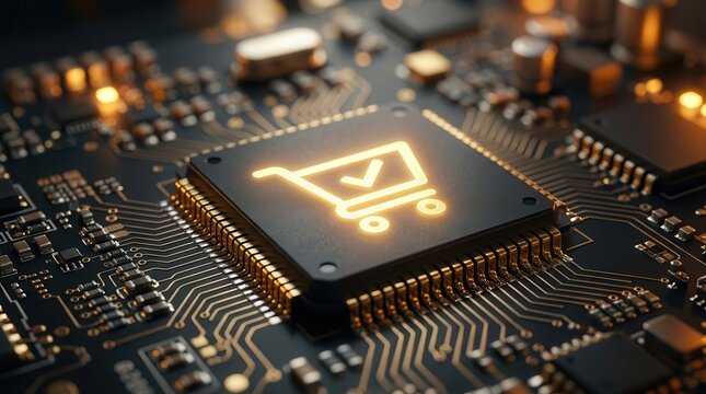 Golden shopping cart icon on a microchip representing CRO conversion rate optimization for e-commerce.