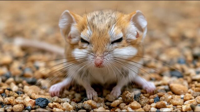 Adorable desert rodent, eyes gently closed, resting peacefully on sandy gravel