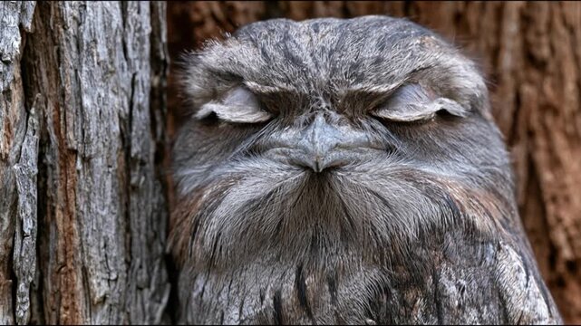Peaceful Tawny Frogmouth bird resting in natural camouflage on a tree trunk, eyes closed
