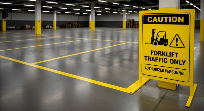 A large, empty industrial warehouse floor with yellow safety lines and a prominent "Forklift Traffic Only" caution sign.