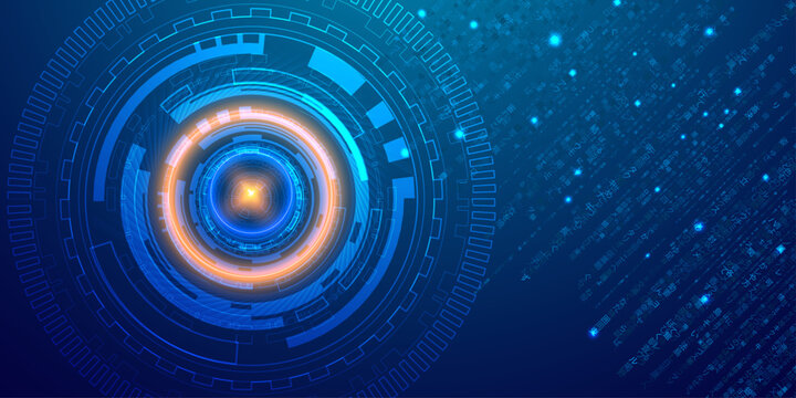 Futuristic digital eye cyber technology background with neon glowing light and abstract binary matrix data codes.