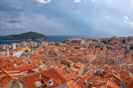 View of famous red terracotta rooftops and historic buildings in Old Town Dubrovnik on the Adriatic coast of Croatia