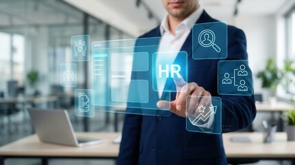 Fototapeta premium A professional selecting the HR icon on a digital human resources management system interface.