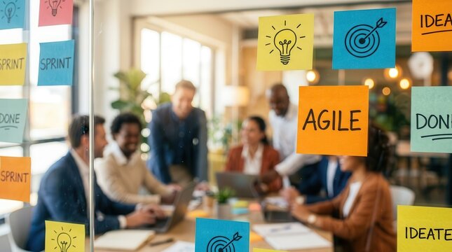 Professional agile team collaborating and brainstorming in a modern office setting.