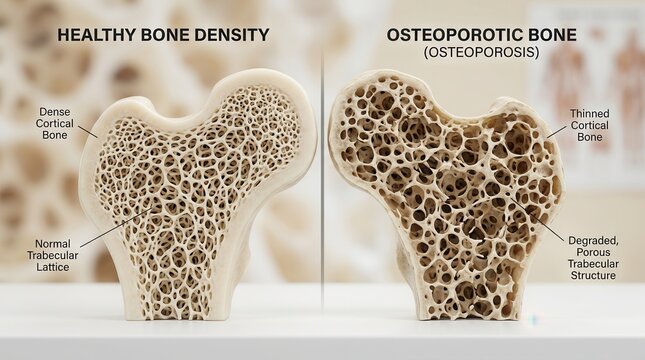 Comparison of healthy dense bone and osteoporotic porous bone cross-sections.
