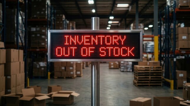 Inventory out of stock sign in a warehouse showing supply chain disruption.