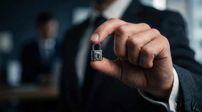 A businessman holding a small silver padlock to represent asset protection and risk management.