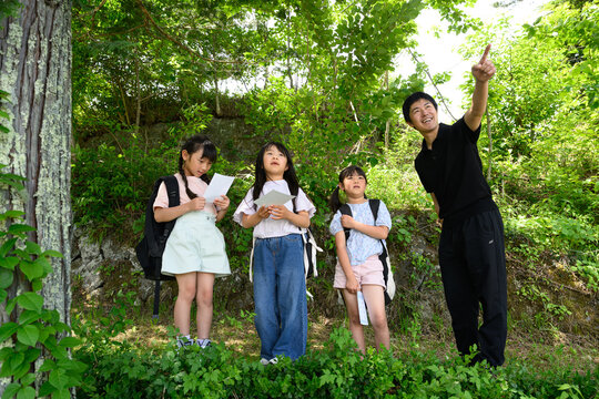 新緑の森の中で先生の指差す方向を見上げる遠足の女子小学生たち