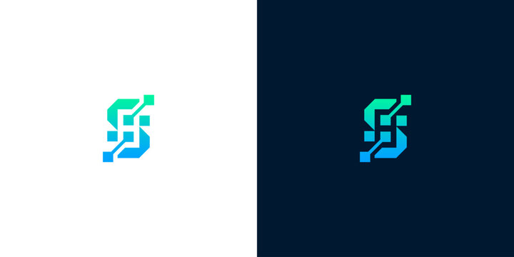 Modern letter S technology logo design with digital circuit lines and nodes on light and dark backgrounds