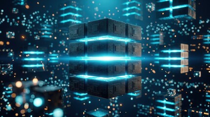 Glowing server blocks represent a database migration visualization with data flow and node connections.