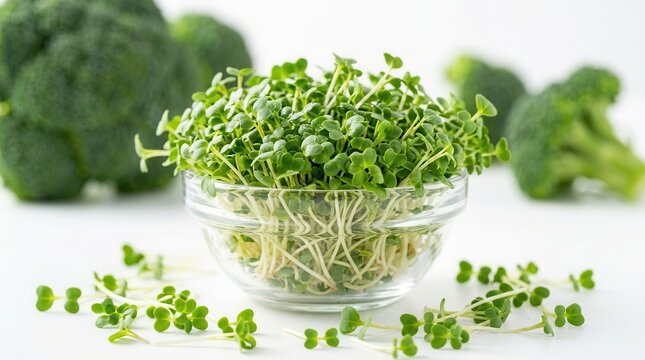 Fresh broccoli sprouts in a clear glass bowl with broccoli florets on a white background.