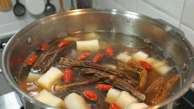 Close-up of stewing ingredients in a pot