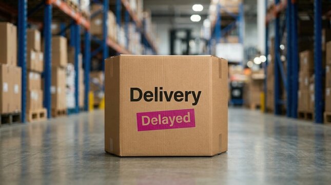 A cardboard delivery box with a delayed sticker in a warehouse inventory setting.
