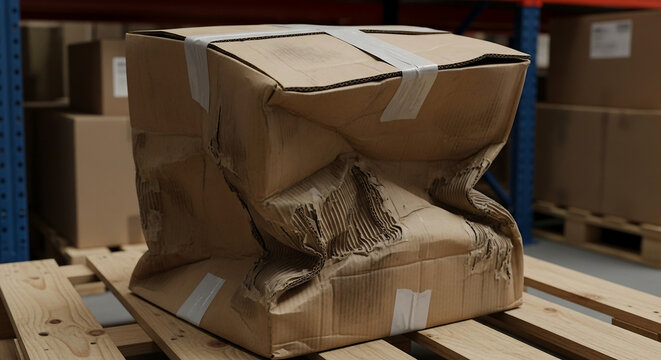 A severely damaged and crumpled cardboard shipping box sits on a wooden pallet in a warehouse, indicating mishandling or poor delivery.