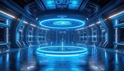 Futuristic glowing blue sci-fi chamber with advanced technology