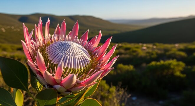 Majestic King Protea Blossom in South African Landscape at Sunset.