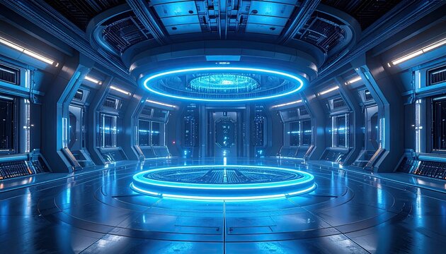 Futuristic glowing blue sci-fi chamber with advanced technology