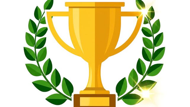 Golden trophy cup with green laurel wreath award symbol