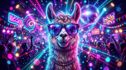 Naklejka premium A cute and funny happy llama wearing sunglasses at a neon lights disco party.