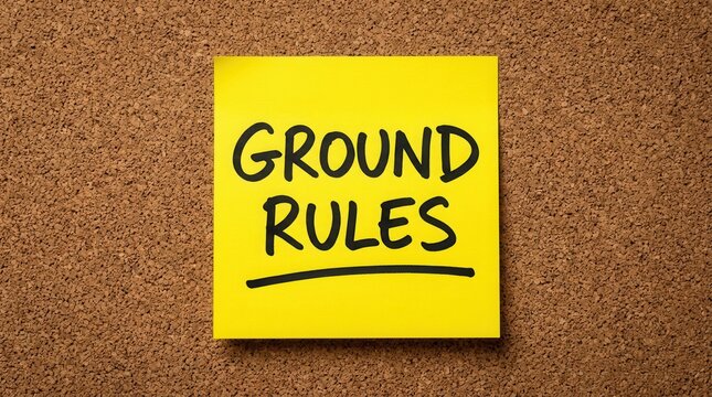 Ground rules on a yellow note representing workplace culture and management structure.