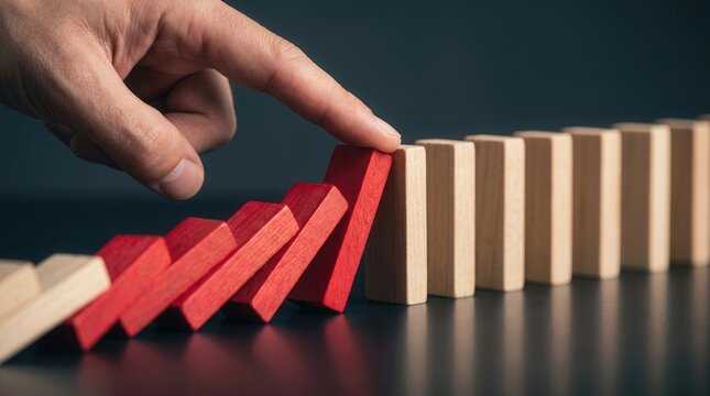 A hand stopping a row of falling red dominoes to manage risk and control.