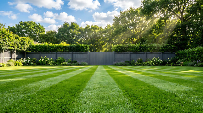 Well manicured lawn with striped pattern and garden fence