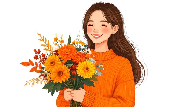 Woman holding bouquet of orange flowers smiling with joyful expression