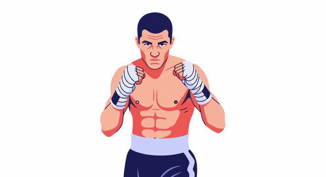 A muscular fighter stands in a boxing stance, fists wrapped and ready for combat