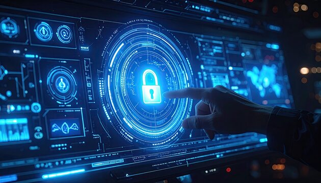 Finger touches luminous cybersecurity padlock on futuristic screen