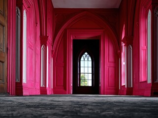 Fototapeta premium Cherry red ornate manor room with Gothic arch paneled walls and pointed windows for historical property marketing, architectural design inspiration and luxury interior staging