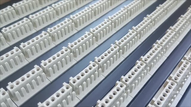 Close-up of white electronic components in a row. Abstract background for technology, engineering, and hardware video projects. Industrial hardware parts layout. Macro shot of electrical connectors.