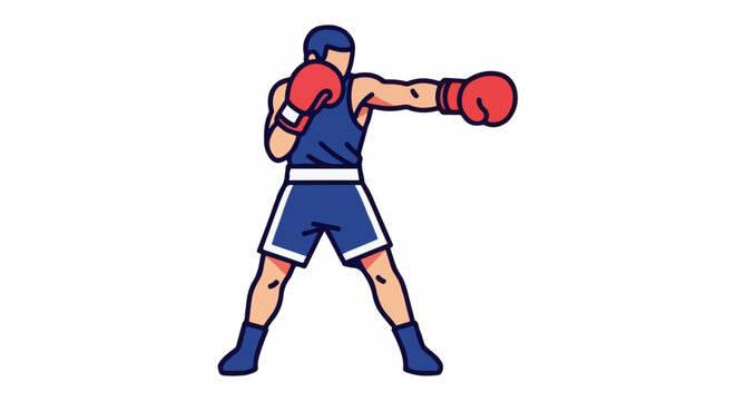 A stylized depiction of a boxer in a blue uniform with red gloves, throwing a punch