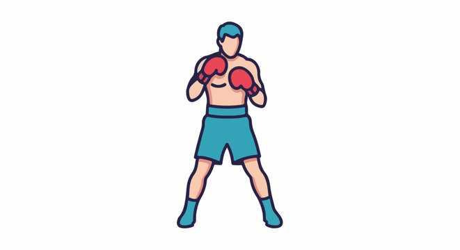 A stylized illustration of a boxer in a fighting stance, wearing red gloves and blue shorts