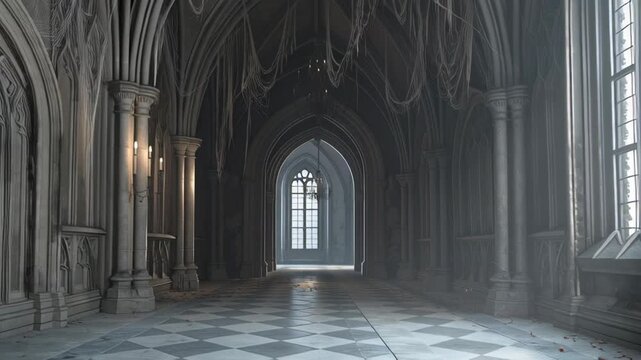 Empty, dimly lit Gothic corridor in an abandoned mansion with vaulted ceilings for halloween
