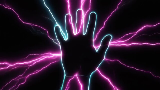 Glowing Kirlian Electrophotography Hand Silhouette with Neon Lightning