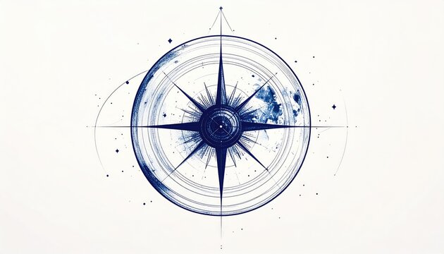 Abstract blue compass rose with watercolor and cosmic elements