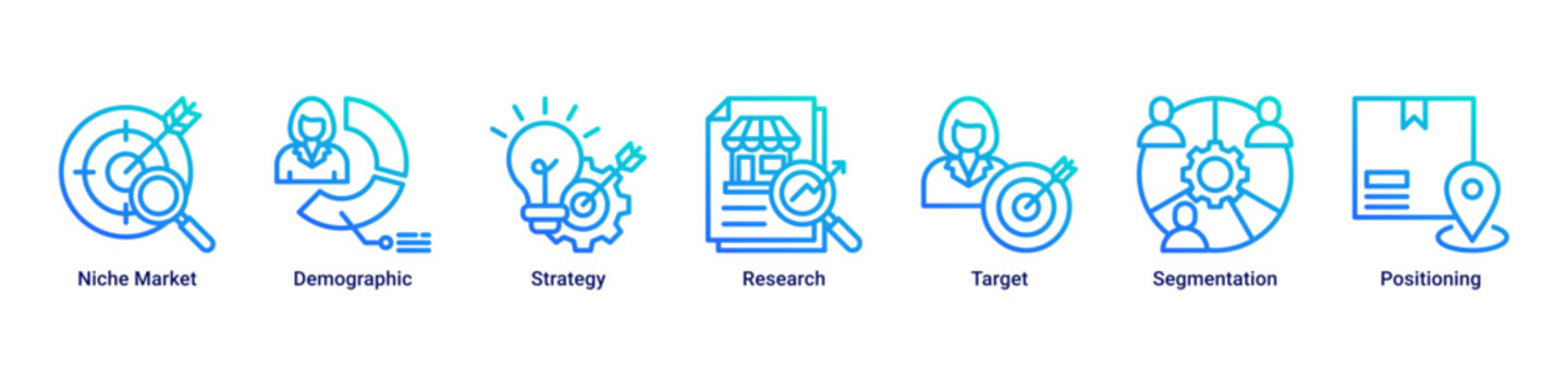 Market Growth web banner icon vector illustration with icons of Niche Market, Demographic, Strategy, Research, Target, Segmentation and Positioning