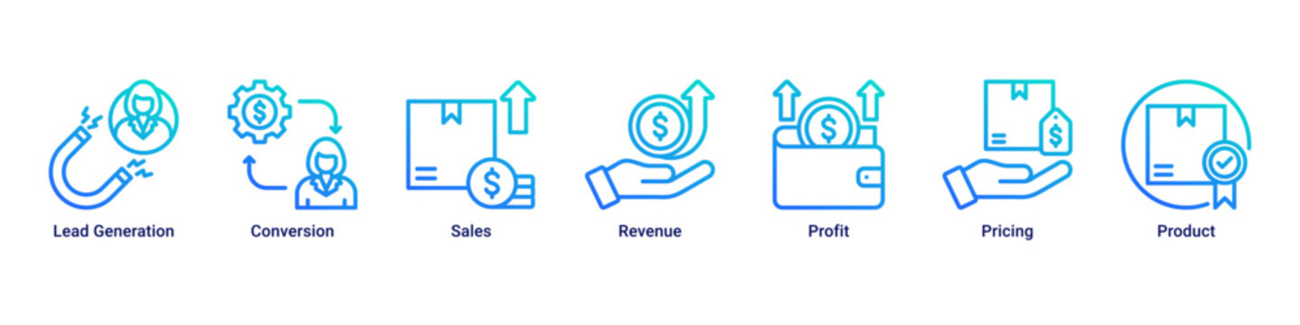 Sales Boost web banner icon vector illustration with icons of Lead Generation, Conversion, Sales, Revenue, Profit, Pricing and Product