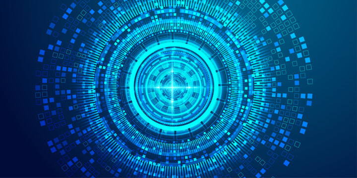 Futuristic blue digital interface with glowing concentric circles and squares on dark background.