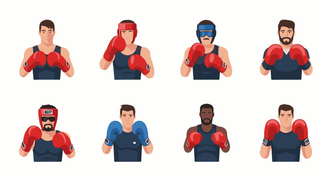 Pixelated portraits of diverse male boxers in action poses with gloves
