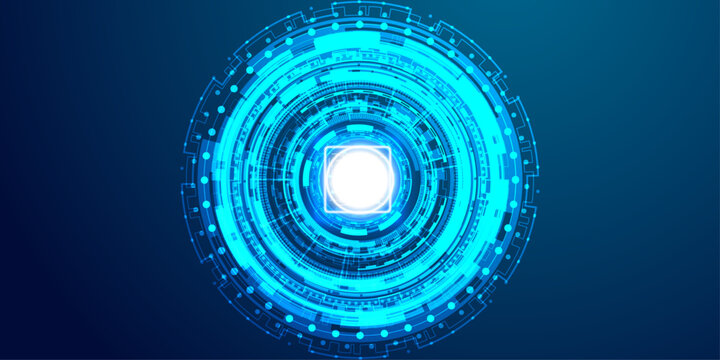 Bright glowing core of futuristic digital interface with concentric blue rings and squares.