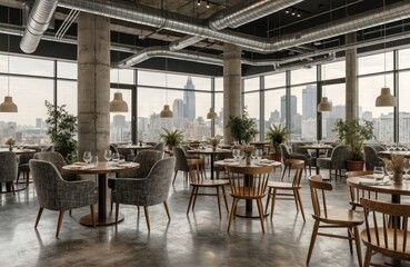 Fototapeta premium Modern Industrial Restaurant Interior with City Skyline View, Elegant Dining Room with Concrete Pillars and Large Windows
