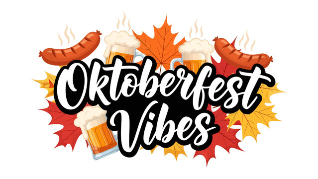 Oktoberfest Vibes with Sausage, Beer, and Autumn Leaves: A vibrant illustration capturing the festive spirit of Oktoberfest, featuring steaming sausages, frothy beer mugs, and colorful autumn leaves.
