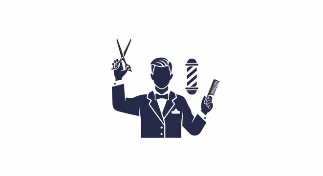 Stylized barber with scissors, comb, and pole symbol