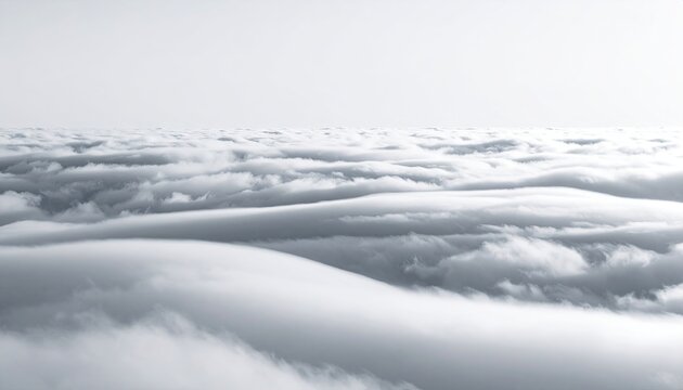 Overhead perspective of a vast, unbroken expanse of layered, fluffy cloud formations, white on white