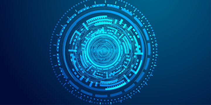 Abstract blue digital vortex with intricate concentric circles and geometric patterns on dark background.