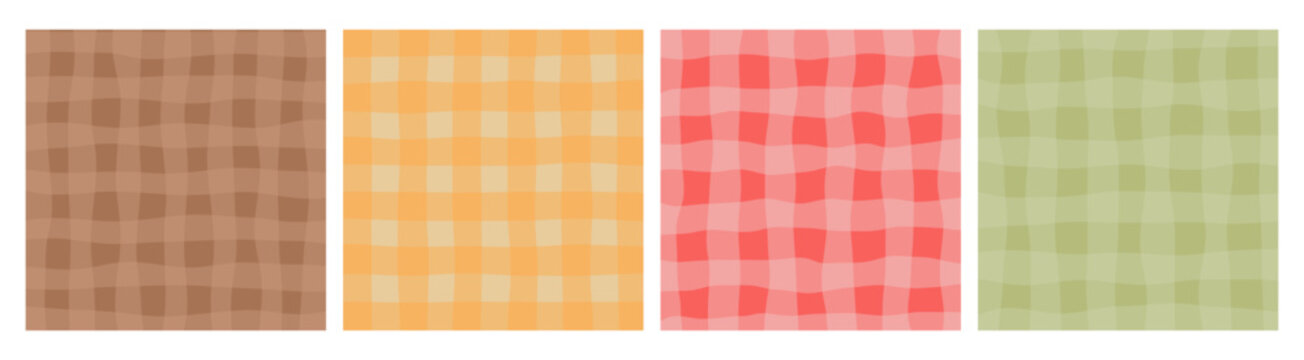 Four checkered patterns with wave effect in various pastel and warm shades. Vector format, suitable for backgrounds, textiles, and prints.