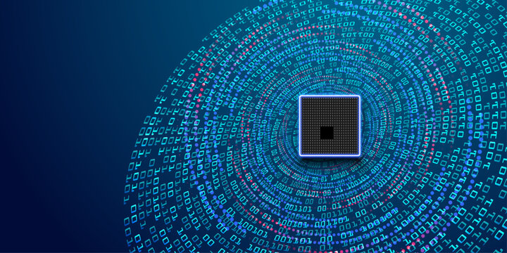 Circular binary code pattern with central processor unit and glowing neon lines on dark blue background.
